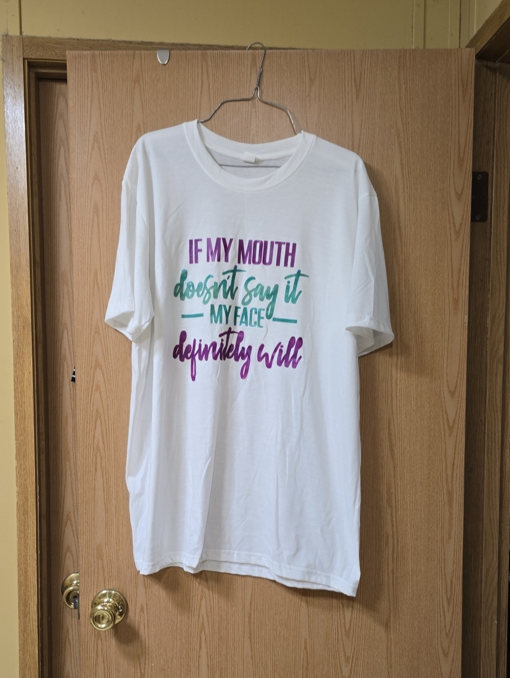 White  Graphic Tee with Purple & Teal Script